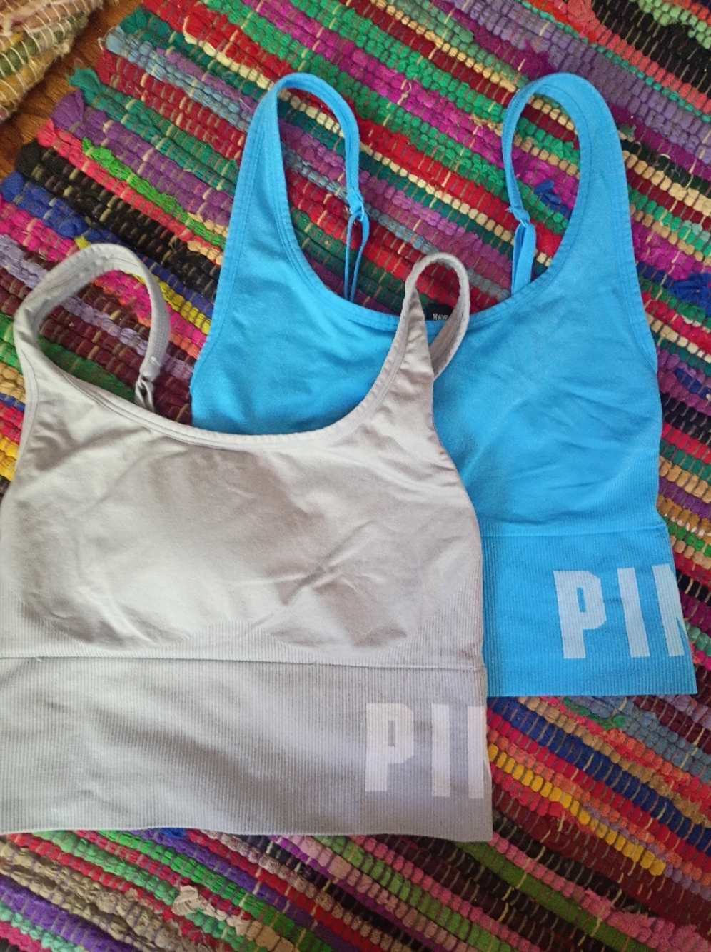 PINK Victoria's Secret Seamless Sports Bras in Blue and Light Gray